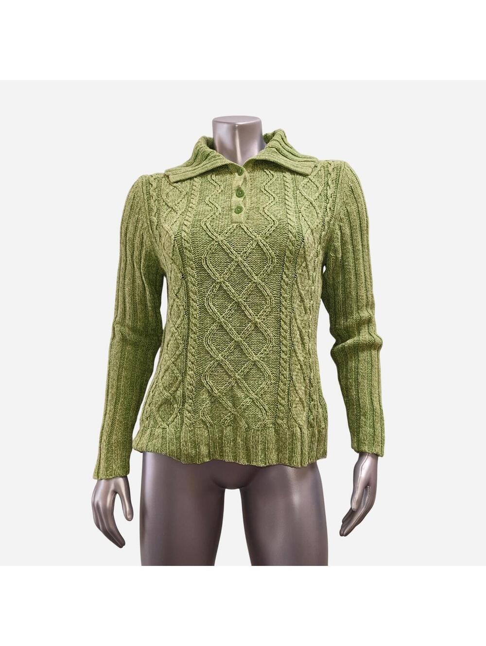 Cherokee Cable Knit Sweater Womens Medium Green Button Collared Long Sleeve